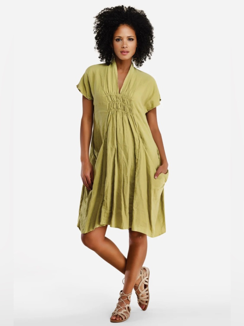Luna Luz Teal Linen Shawl Collar Dress Smock Boho Lagenlook Midi Pocket Origami